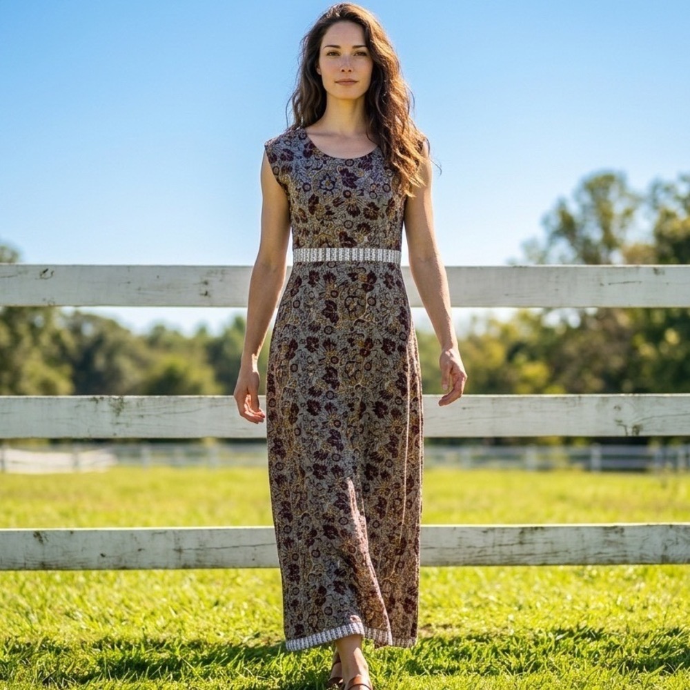 Boho Floral Block Print Maxi Dress Sleeveless Earth Tones Size 42 L